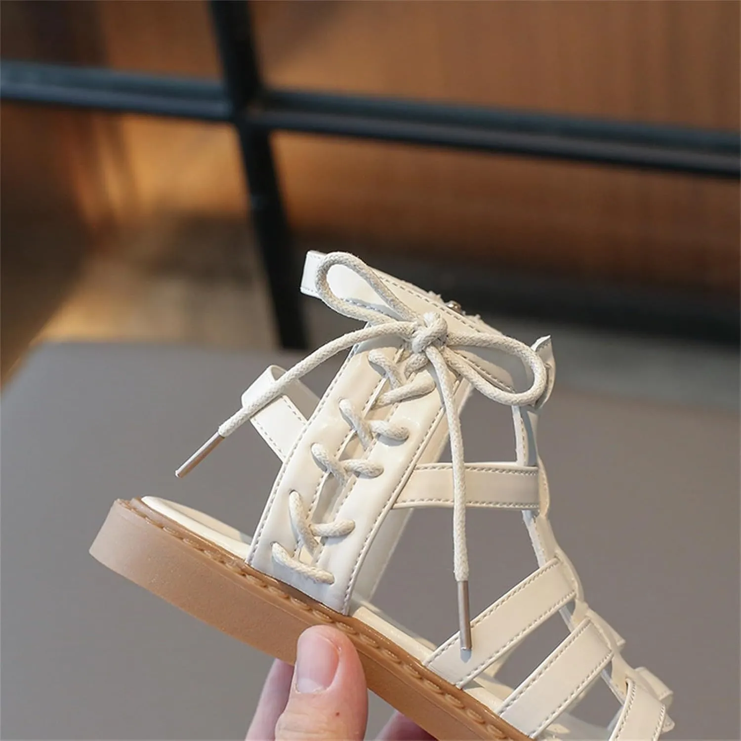 Girls Sandal Lace Up Ankle Strappy Flat Sandals Kids Side Zipper Open Toe Dress Shoes Summer Hollow Walking Shoes