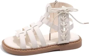 Girls Sandal Lace Up Ankle Strappy Flat Sandals Kids Side Zipper Open Toe Dress Shoes Summer Hollow Walking Shoes