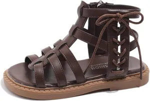 Girls Sandal Lace Up Ankle Strappy Flat Sandals Kids Side Zipper Open Toe Dress Shoes Summer Hollow Walking Shoes