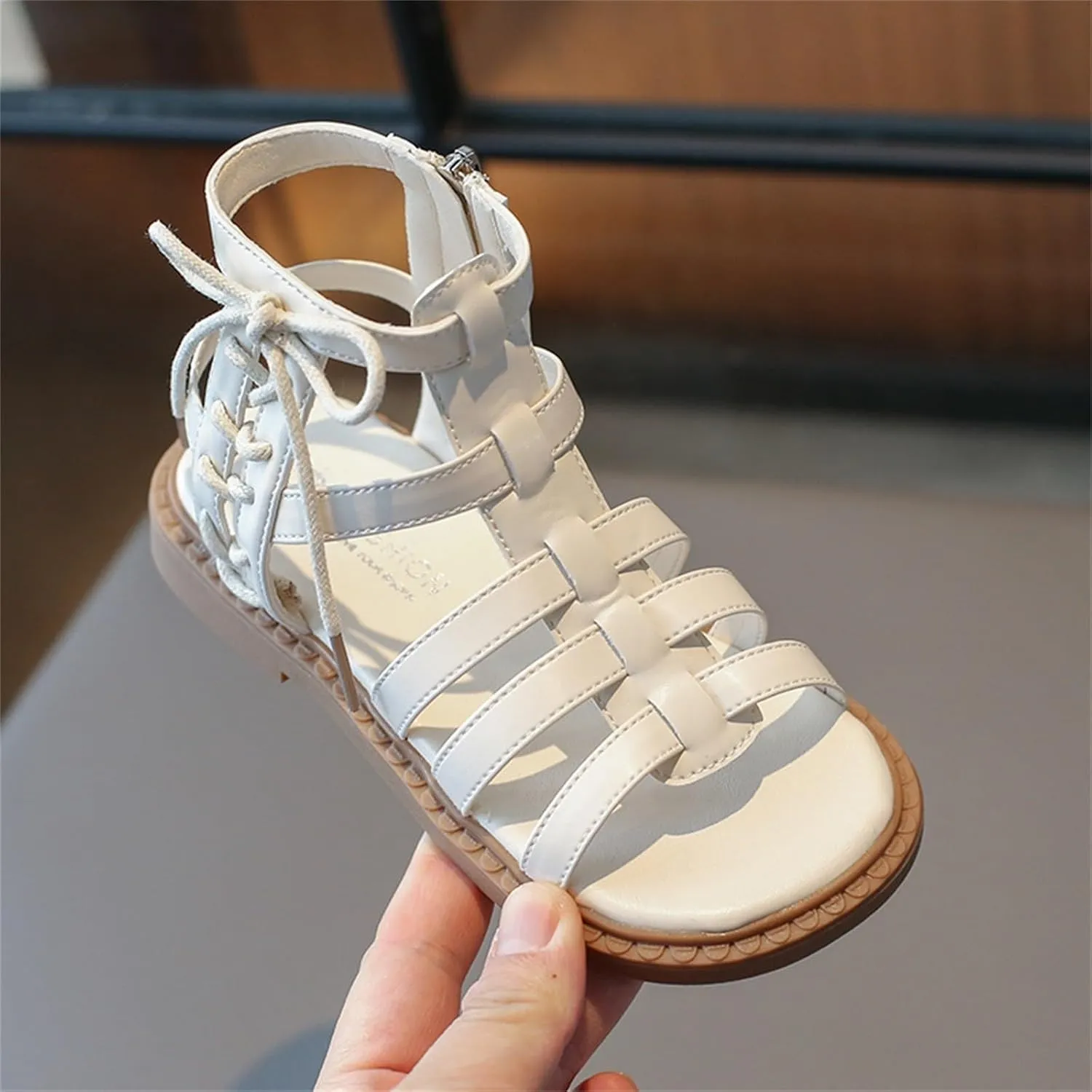 Girls Sandal Lace Up Ankle Strappy Flat Sandals Kids Side Zipper Open Toe Dress Shoes Summer Hollow Walking Shoes