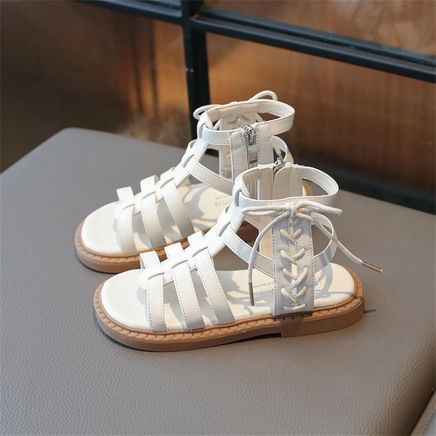 Girls Sandal Lace Up Ankle Strappy Flat Sandals Kids Side Zipper Open Toe Dress Shoes Summer Hollow Walking Shoes