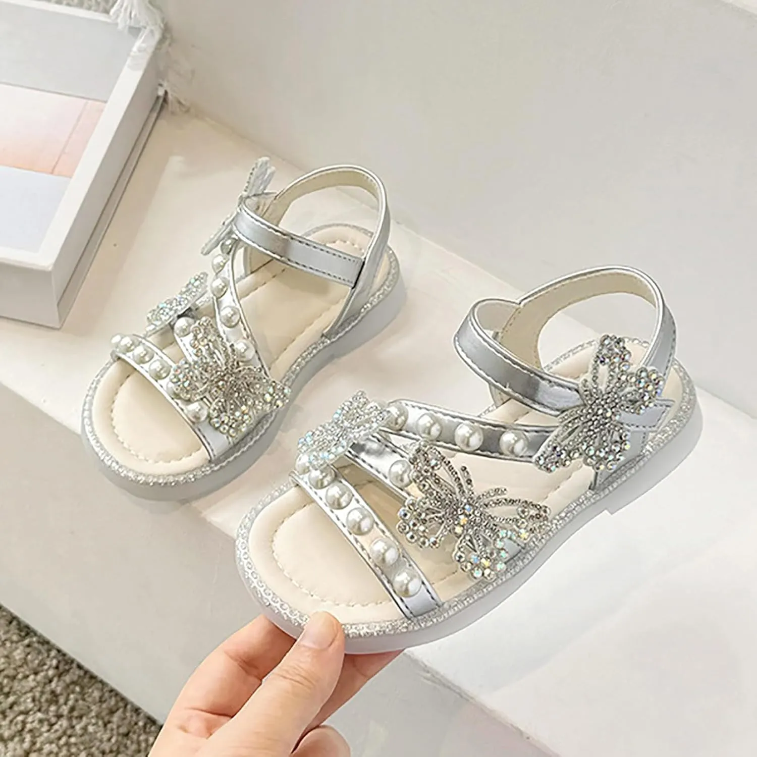 Girls T-Strap Beaded Flower Rhinestone Flats Sandals Dress Beach Shoes Cute Toddler Sandals Summer Dress Shoes