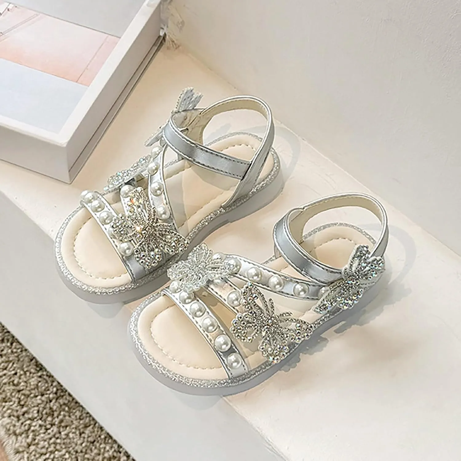 Girls T-Strap Beaded Flower Rhinestone Flats Sandals Dress Beach Shoes Cute Toddler Sandals Summer Dress Shoes