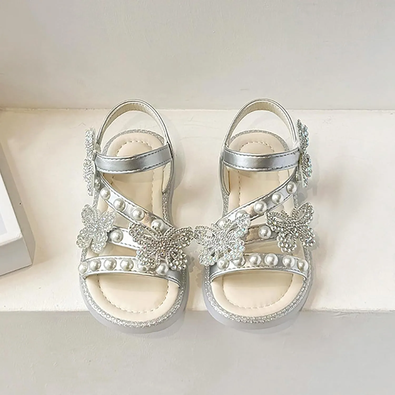 Girls T-Strap Beaded Flower Rhinestone Flats Sandals Dress Beach Shoes Cute Toddler Sandals Summer Dress Shoes