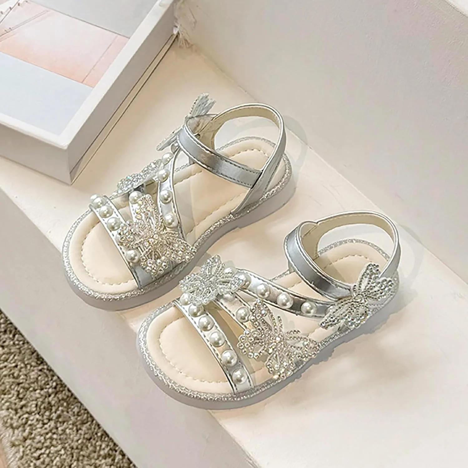 Girls T-Strap Beaded Flower Rhinestone Flats Sandals Dress Beach Shoes Cute Toddler Sandals Summer Dress Shoes