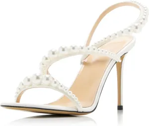 Goolita Womens Peep Toe Stiletto Heeled Sandals Shiny Pearl Buckle Ankle Strap Wedding Pumps Dress Evening Bride Bridal Shoes