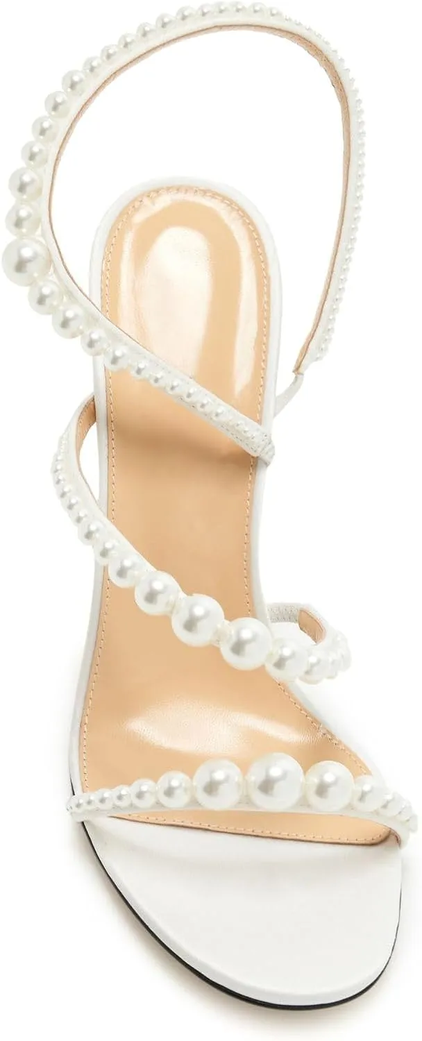 Goolita Womens Peep Toe Stiletto Heeled Sandals Shiny Pearl Buckle Ankle Strap Wedding Pumps Dress Evening Bride Bridal Shoes