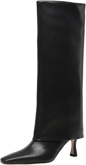 Goolita Women's Stiletto Heel Knee High Boots Square Toe Slip On Fold Over Boots For Women Leather Comfortable Dress Tall Boots
