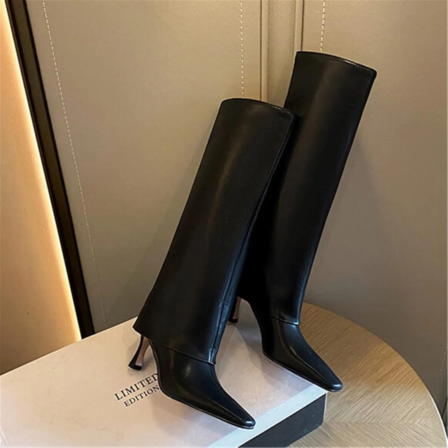 Goolita Women's Stiletto Heel Knee High Boots Square Toe Slip On Fold Over Boots For Women Leather Comfortable Dress Tall Boots