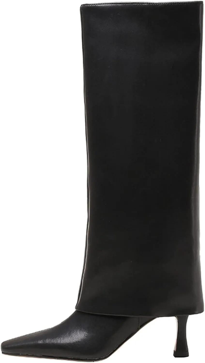Goolita Women's Stiletto Heel Knee High Boots Square Toe Slip On Fold Over Boots For Women Leather Comfortable Dress Tall Boots