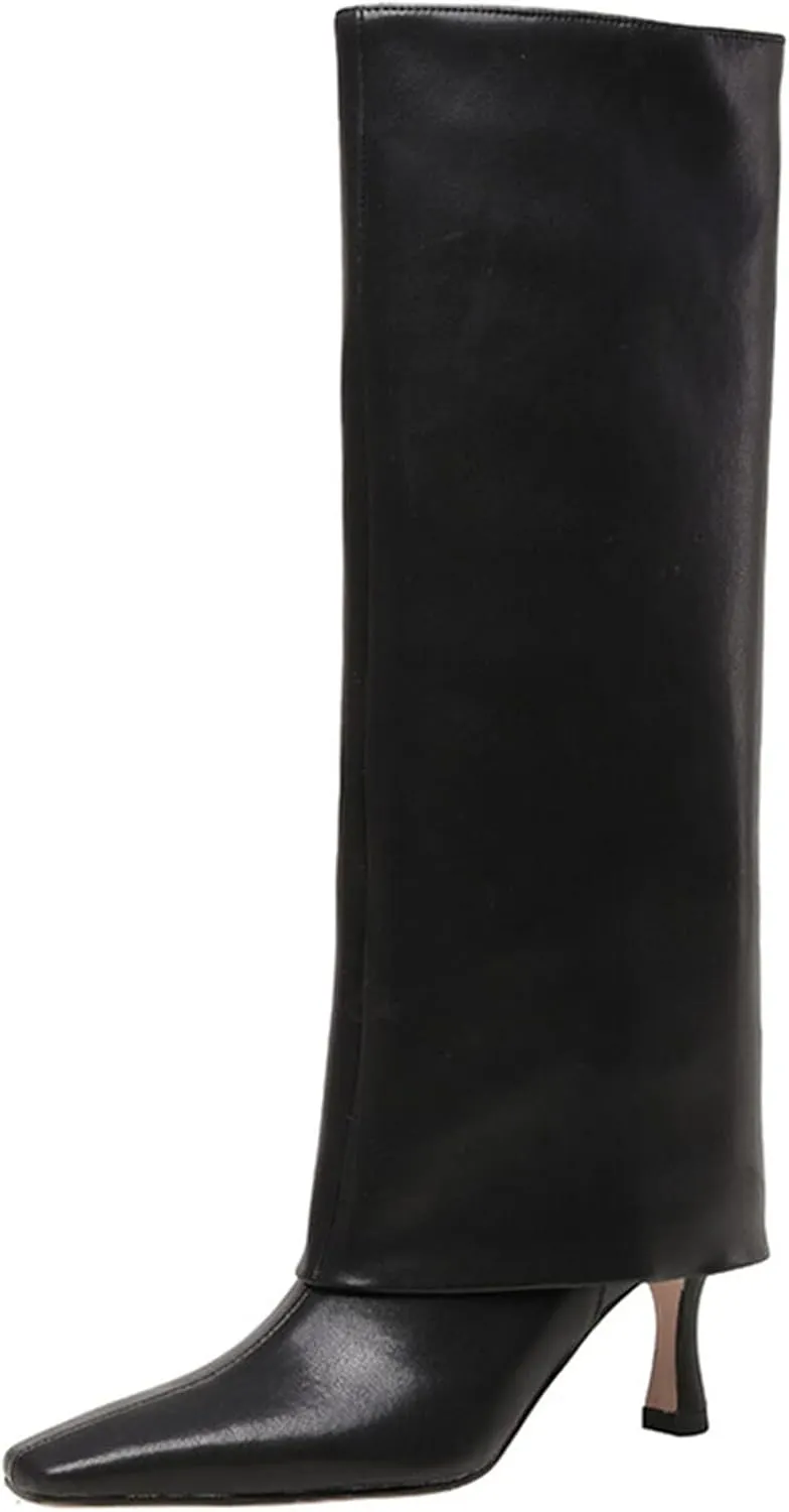 Goolita Women's Stiletto Heel Knee High Boots Square Toe Slip On Fold Over Boots For Women Leather Comfortable Dress Tall Boots