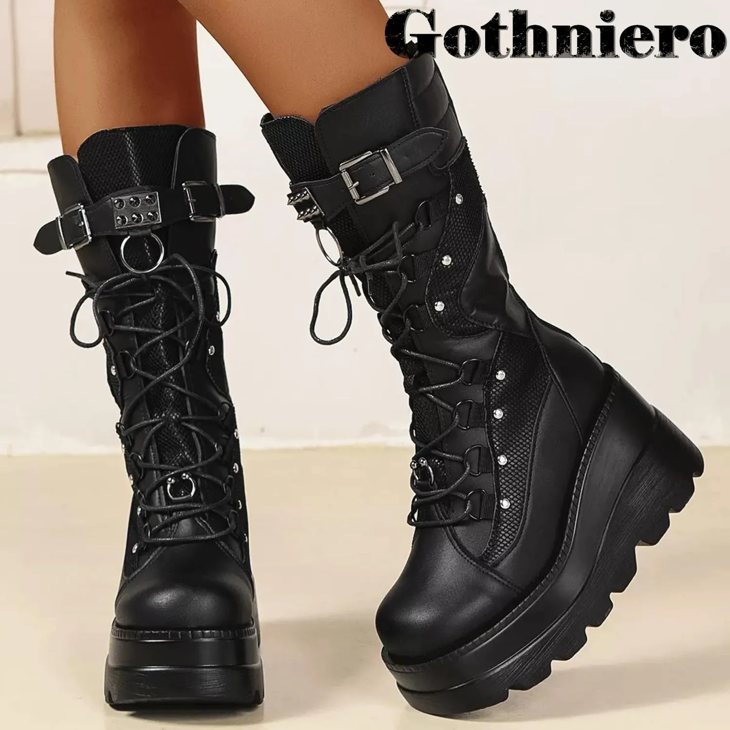 Gothniero Women Black Platform Goth Boots Mid Calf with Heel Knee High Boots Winter Chunky Heel Punk Rave Boots Girls Lace Up Combat Booties Size 5.5-11