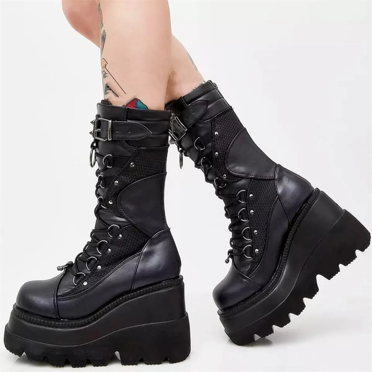 Gothniero Women Black Platform Goth Boots Mid Calf with Heel Knee High Boots Winter Chunky Heel Punk Rave Boots Girls Lace Up Combat Booties Size 5.5-11
