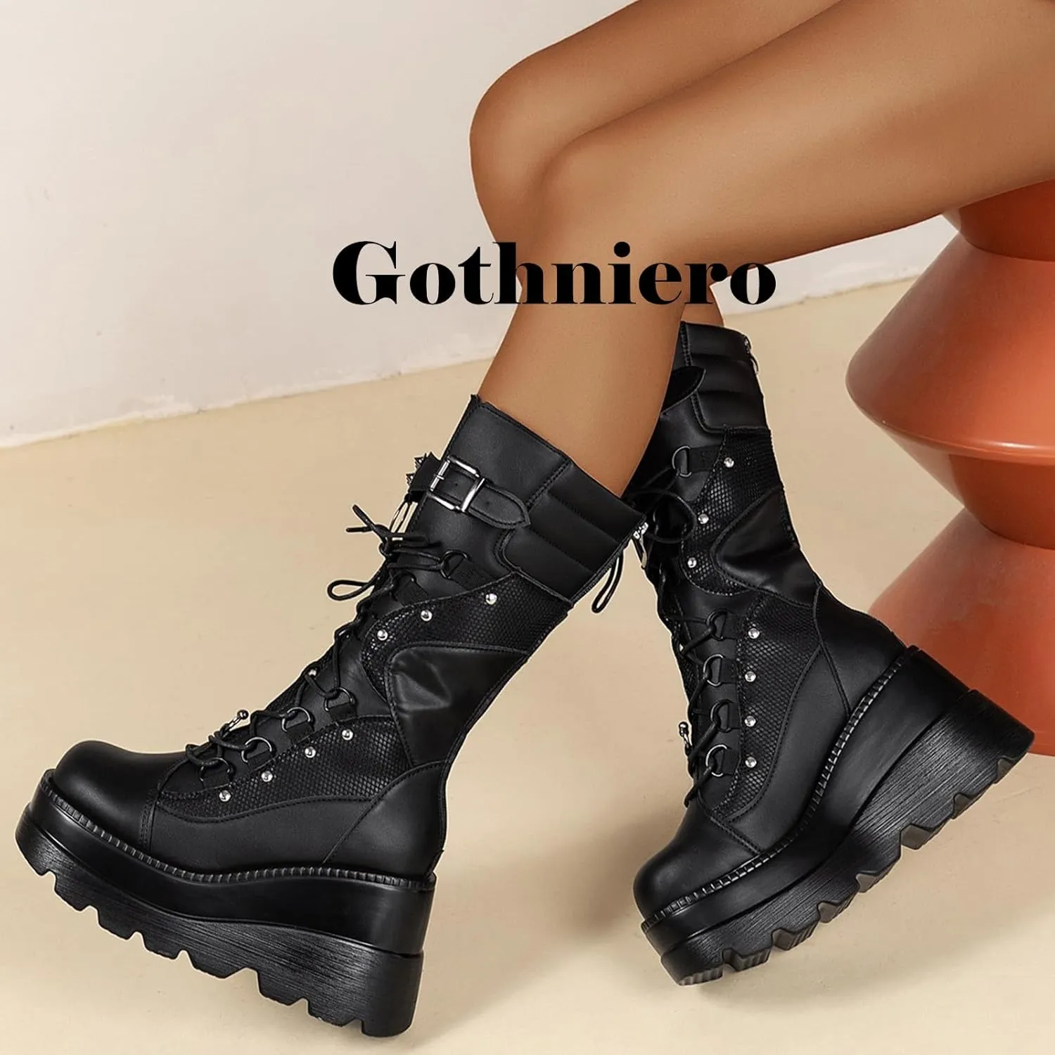 Gothniero Women Black Platform Goth Boots Mid Calf with Heel Knee High Boots Winter Chunky Heel Punk Rave Boots Girls Lace Up Combat Booties Size 5.5-11