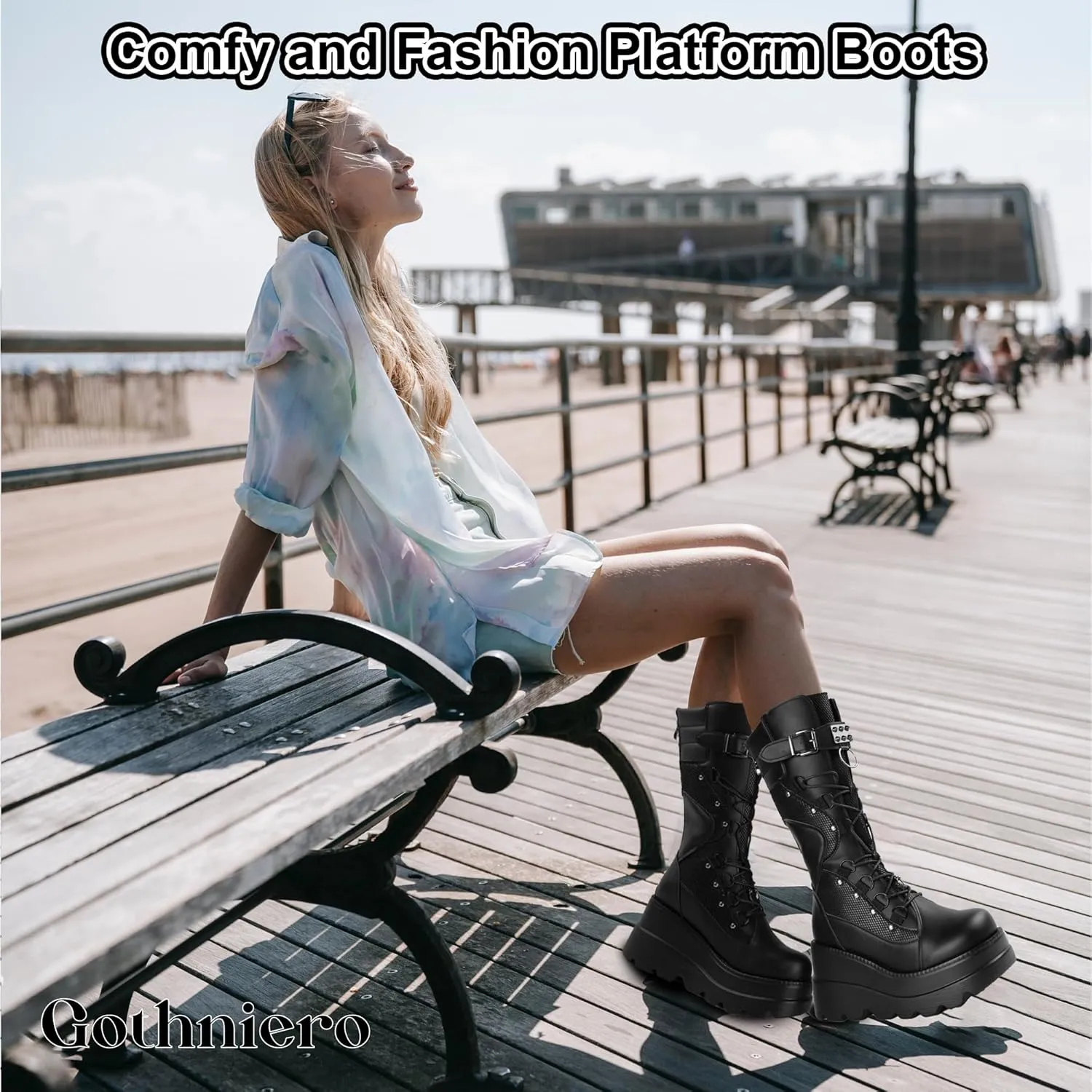 Gothniero Women Black Platform Goth Boots Mid Calf with Heel Knee High Boots Winter Chunky Heel Punk Rave Boots Girls Lace Up Combat Booties Size 5.5-11
