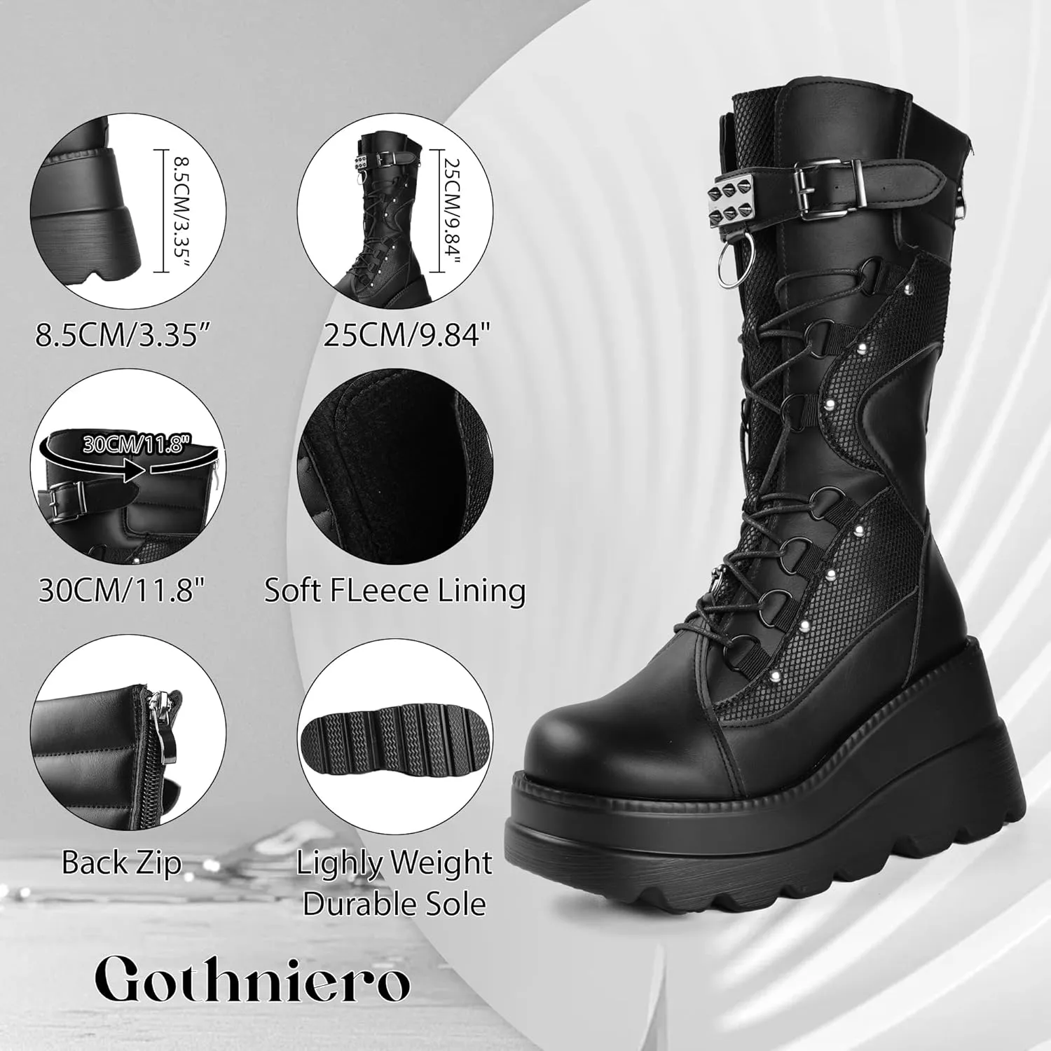 Gothniero Women Black Platform Goth Boots Mid Calf with Heel Knee High Boots Winter Chunky Heel Punk Rave Boots Girls Lace Up Combat Booties Size 5.5-11
