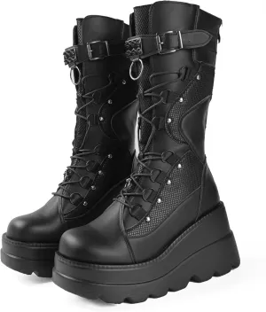Gothniero Women Black Platform Goth Boots Mid Calf with Heel Knee High Boots Winter Chunky Heel Punk Rave Boots Girls Lace Up Combat Booties Size 5.5-11