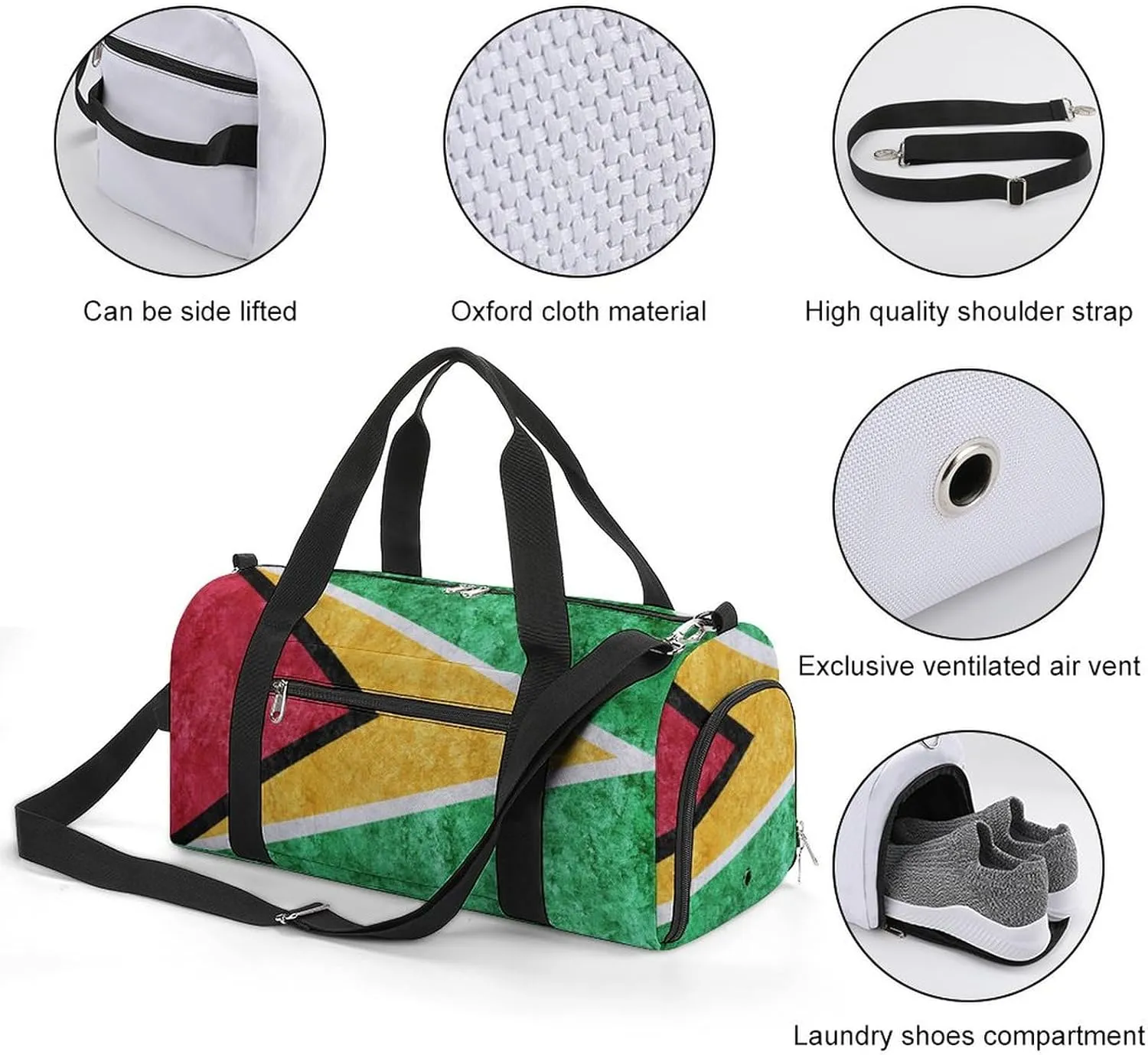 Guyana Flag Textured Duffel Bag with Shoe Compartment and Wet Pocket Gym Weekender