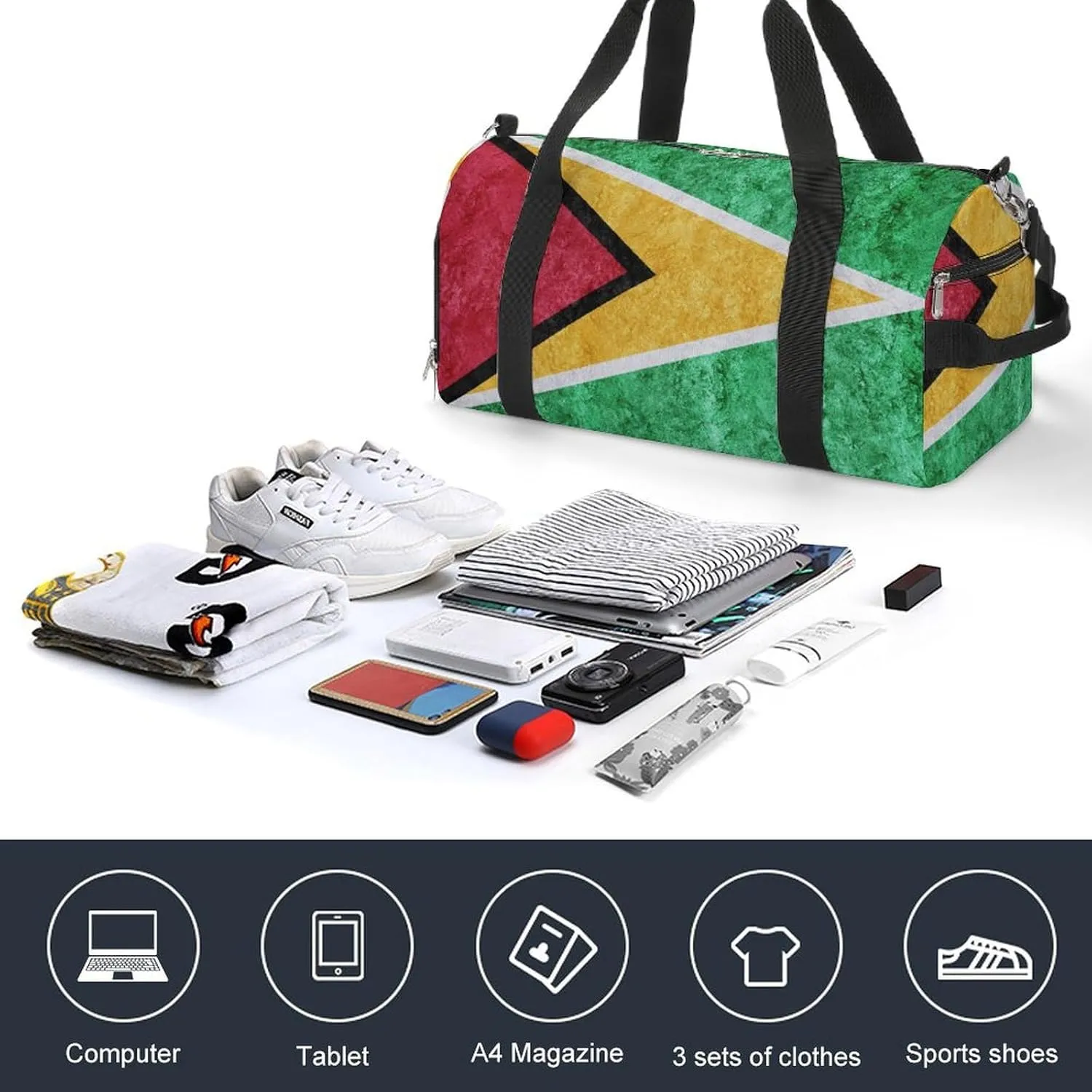 Guyana Flag Textured Duffel Bag with Shoe Compartment and Wet Pocket Gym Weekender