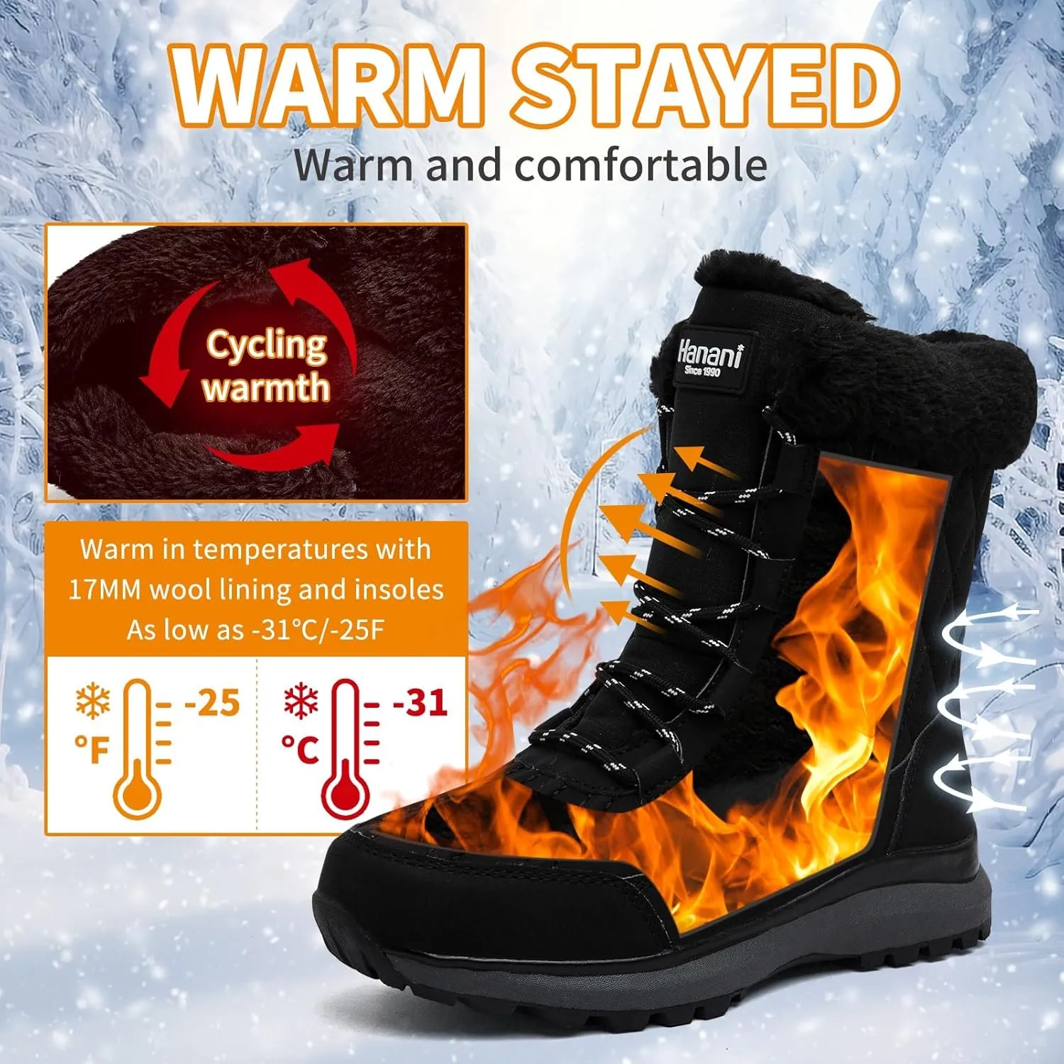 Hanani Womens Snow Boots Warm Fur Lined Winter Boots Anti Slip Ankle Boots Mid Calf Snowboots Waterproof and Cold-Resistant Outdoor Walking Shoes for Women