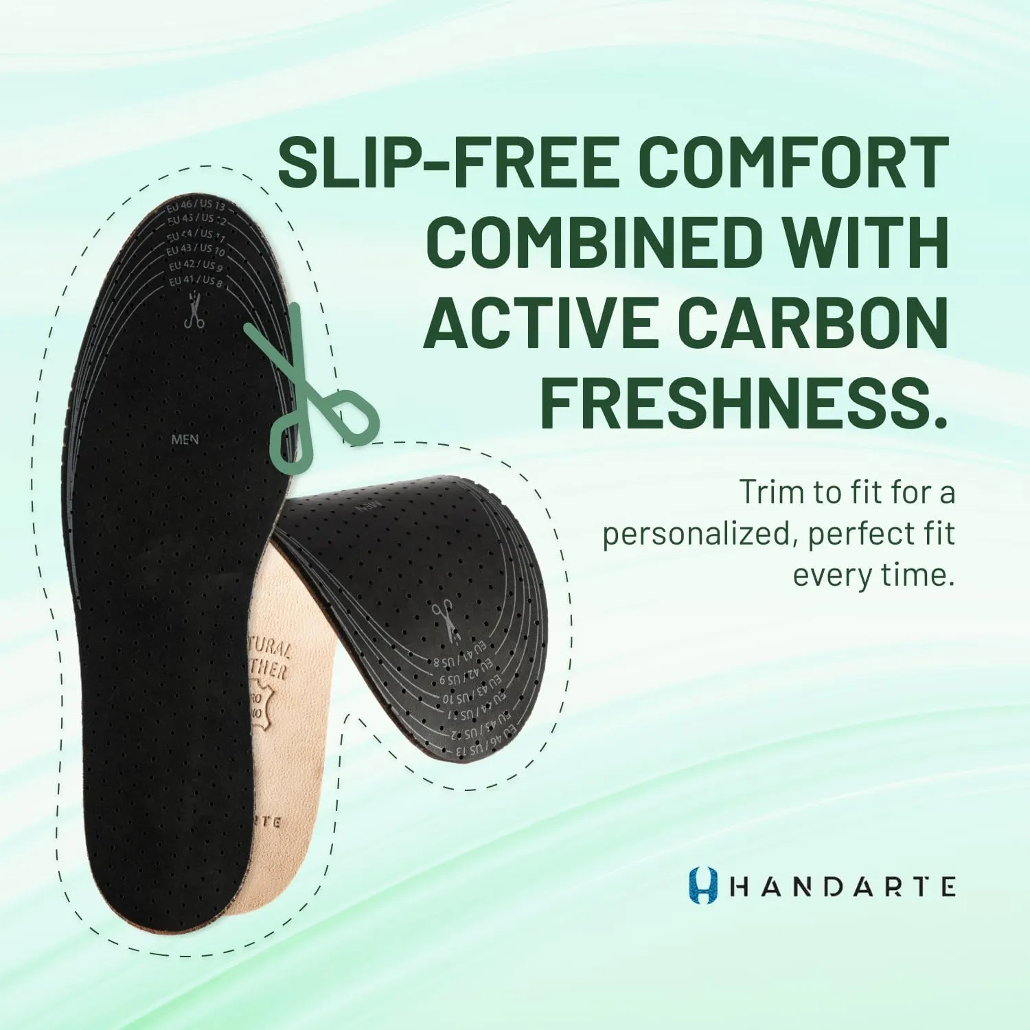 HANDARTE Leather Anti Odor Insoles | Cuttable Odor Eaters Insoles Men | Shoe Deodorizer Thin Insert - Odor Eliminator for Shoes - 100% Natural Goatskin & Anti Sweat - Suitable for No-Socks (Large)