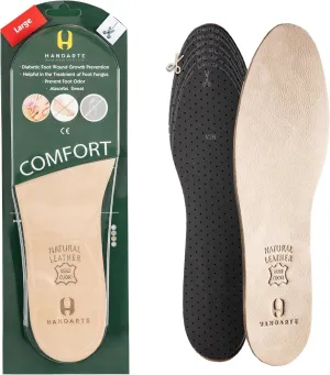 HANDARTE Leather Anti Odor Insoles | Cuttable Odor Eaters Insoles Men | Shoe Deodorizer Thin Insert - Odor Eliminator for Shoes - 100% Natural Goatskin & Anti Sweat - Suitable for No-Socks (Large)