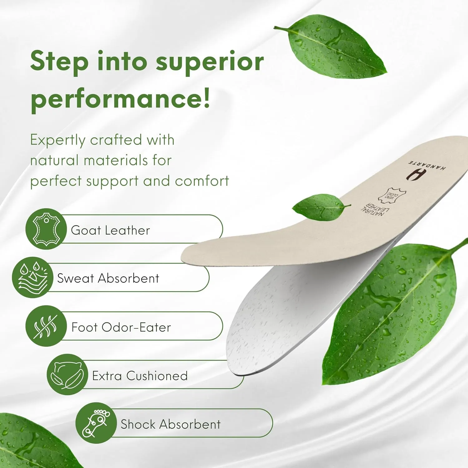 HANDARTE Leather Orthopedic Insoles | Padded Comfort Shoe Inserts for Women | 100% Natural Goatskin - ChromeFree, Anti Sweat & Anti-Odor - Suitable for No-Socks (US W7 | EU38)