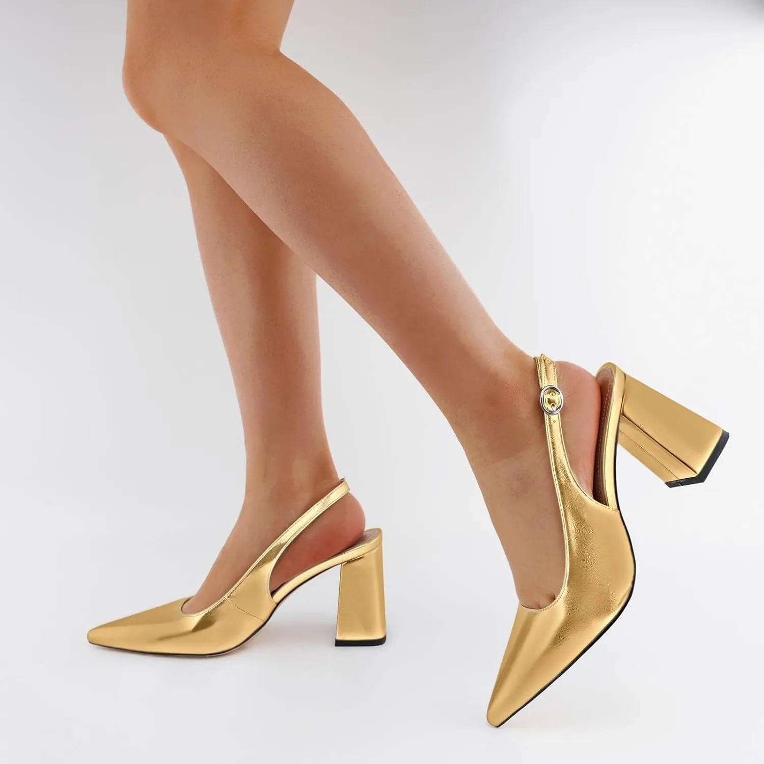 heelchic Slingback Heels for Women Block Heel Pointed Closed Toe Chunky Heel Slip on Wedding Dress Shoes Comfortable