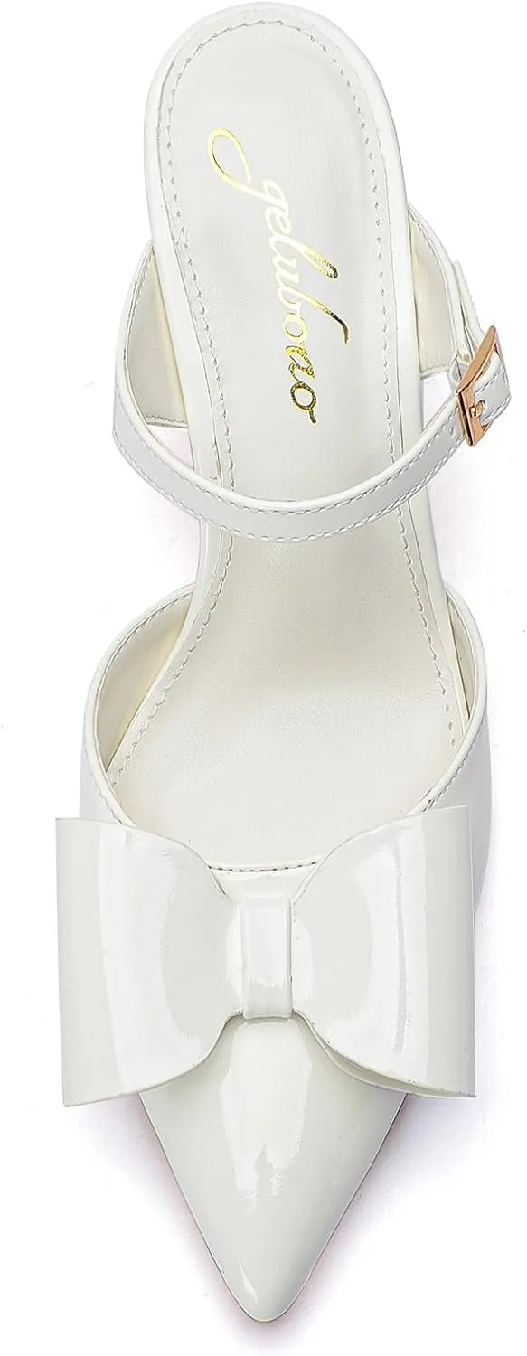 Heels for Women Closed Toe Bowkont Pumps Sexy Pointed Toe Ankle Buckle Strap Slip On Chunky Mid Heels Wedding Bridal Party Shoes