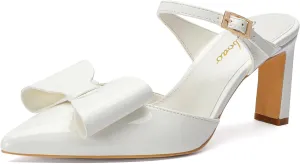Heels for Women Closed Toe Bowkont Pumps Sexy Pointed Toe Ankle Buckle Strap Slip On Chunky Mid Heels Wedding Bridal Party Shoes