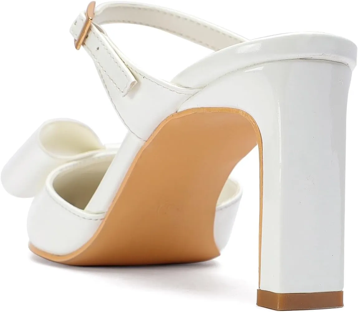 Heels for Women Closed Toe Bowkont Pumps Sexy Pointed Toe Ankle Buckle Strap Slip On Chunky Mid Heels Wedding Bridal Party Shoes