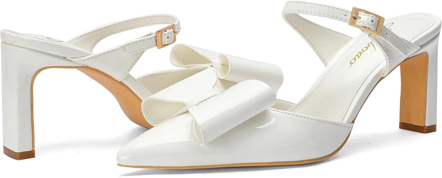 Heels for Women Closed Toe Bowkont Pumps Sexy Pointed Toe Ankle Buckle Strap Slip On Chunky Mid Heels Wedding Bridal Party Shoes