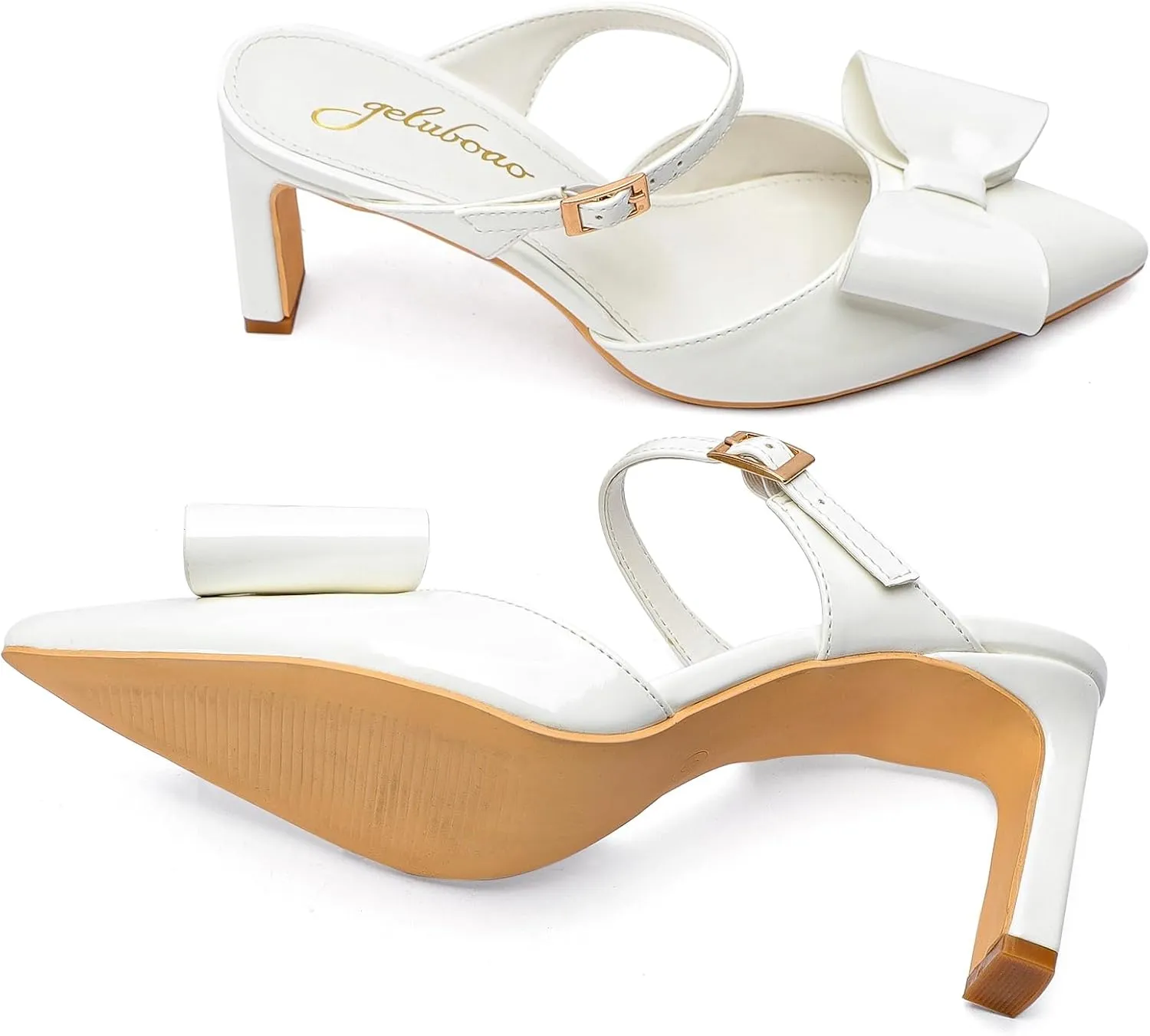 Heels for Women Closed Toe Bowkont Pumps Sexy Pointed Toe Ankle Buckle Strap Slip On Chunky Mid Heels Wedding Bridal Party Shoes