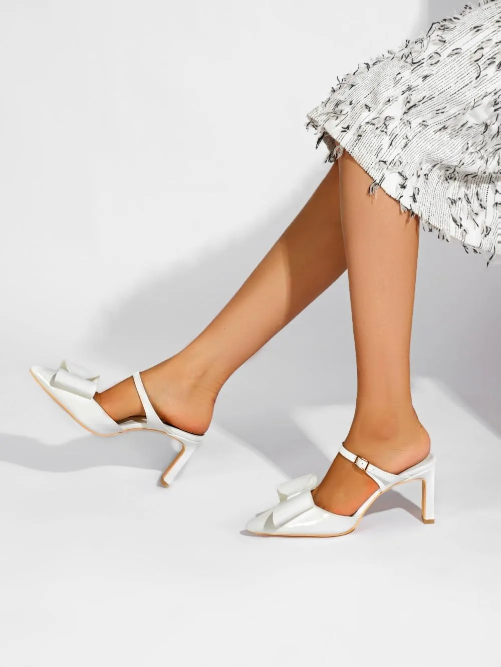 Heels for Women Closed Toe Bowkont Pumps Sexy Pointed Toe Ankle Buckle Strap Slip On Chunky Mid Heels Wedding Bridal Party Shoes
