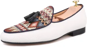 HI&HANN Men Cotton Canvas of Paisley Pattern Men Loafers Fashion Party and Wedding Men Tassel Shoes Dress Loafer Smoking Slipper Male's Flats
