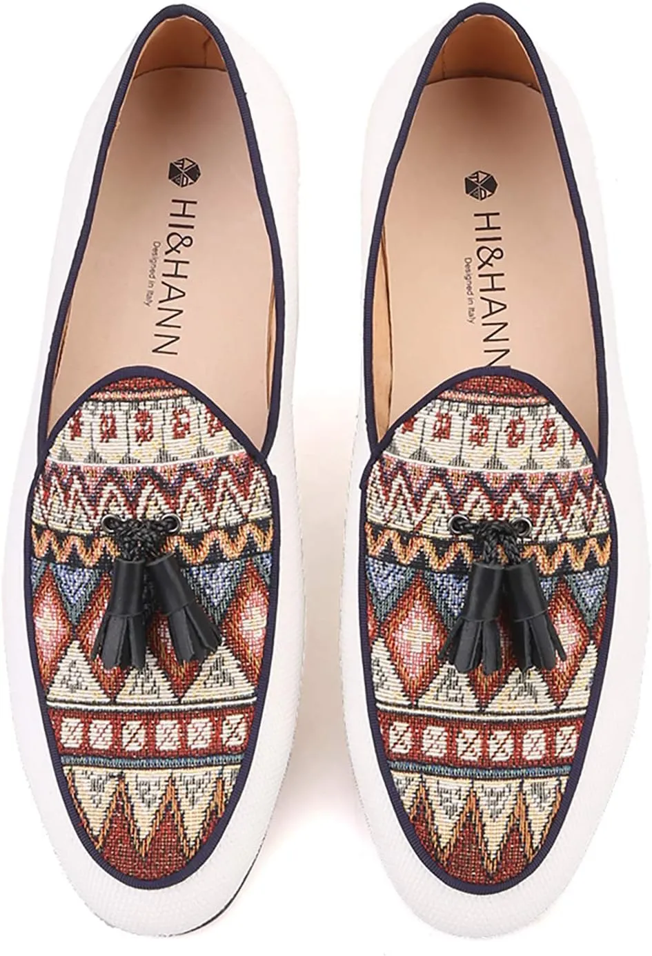 HI&HANN Men Cotton Canvas of Paisley Pattern Men Loafers Fashion Party and Wedding Men Tassel Shoes Dress Loafer Smoking Slipper Male's Flats
