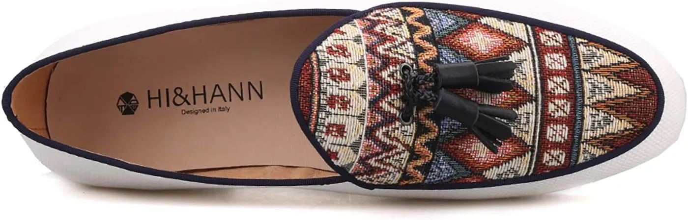 HI&HANN Men Cotton Canvas of Paisley Pattern Men Loafers Fashion Party and Wedding Men Tassel Shoes Dress Loafer Smoking Slipper Male's Flats