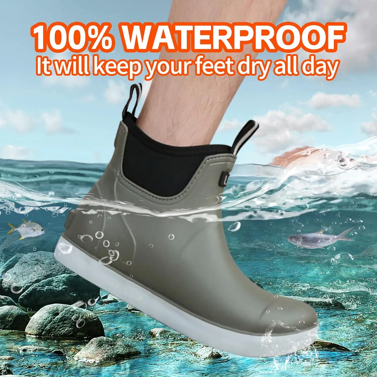 Hsttgsr Men's Deck Boots, Rubber Rain Boots Waterproof Fishing Boots, Ankle Anti-Slip High Traction Boots for Professional Premium Neoprene, Garden Boots Shoes Footwear Booties for Men Outdoor Work