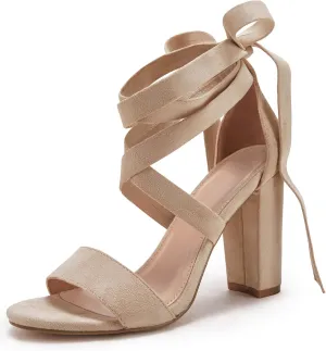 Huiyuzhi Womens Strappy Heels Lace up High Heeled Sandals Chunky Block Ankle Tie Pumps Dress Party Shoes