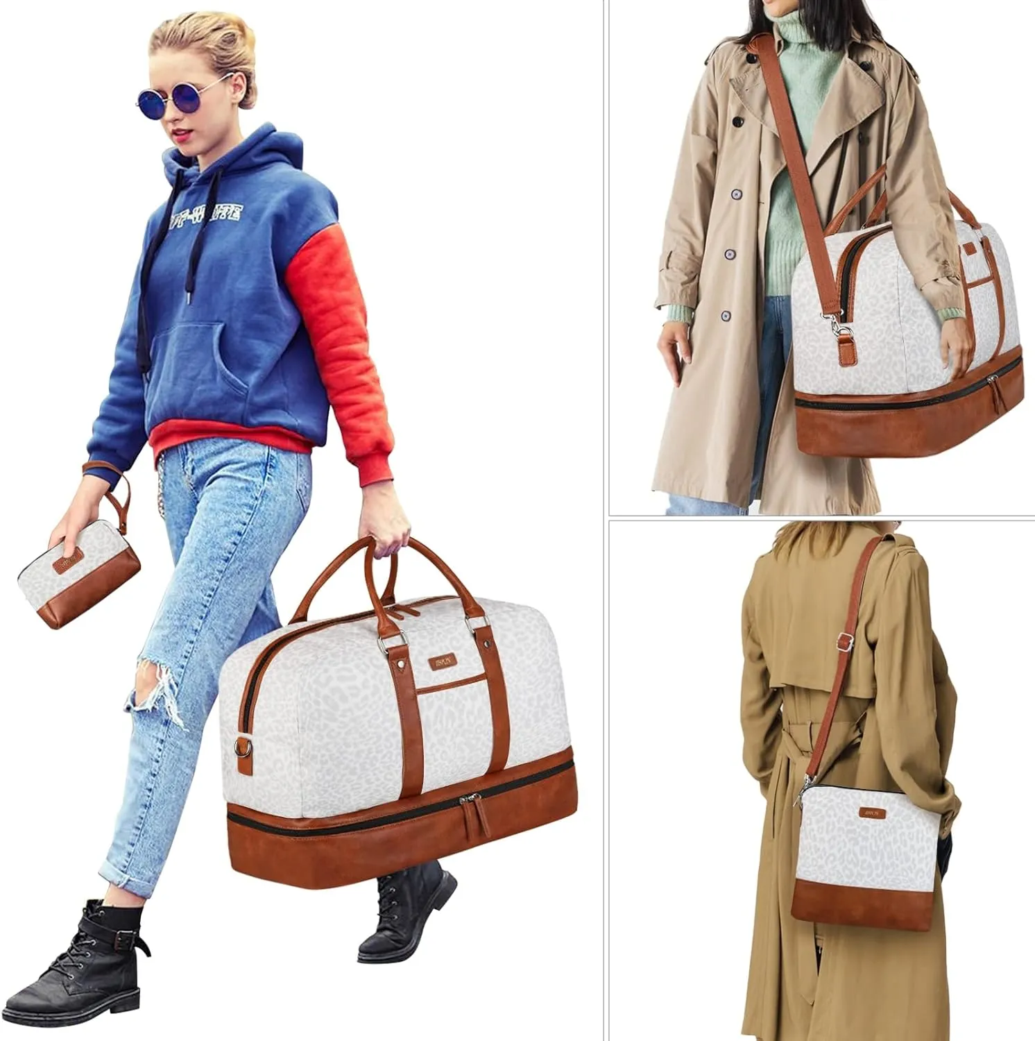 IBFUN Weekender Bags for Women, Large Overnight Bag Canvas Travel Duffel Bag Carry On Tote with Shoe Compartment 21" 3Pcs Set