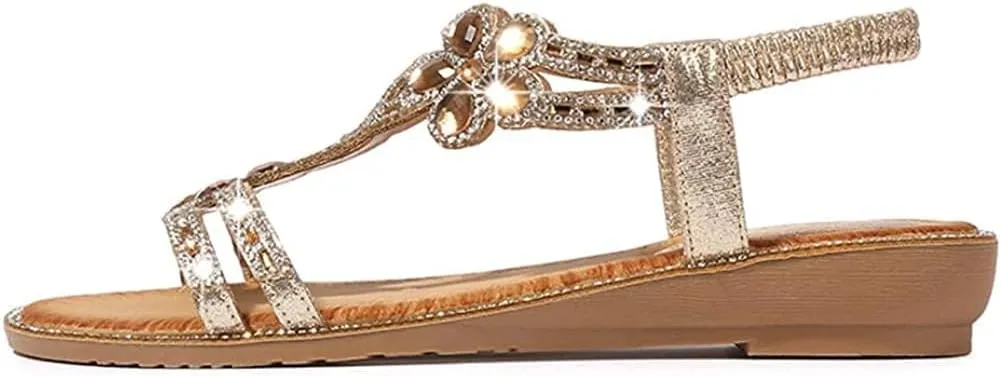 ICEGIA Women's Flat Sandals Summer Beach Sandal T-Strap Rhinestone Beaded Bohemia Shoes