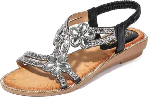ICEGIA Women's Flat Sandals Summer Beach Sandal T-Strap Rhinestone Beaded Bohemia Shoes