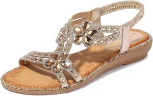 ICEGIA Women's Flat Sandals Summer Beach Sandal T-Strap Rhinestone Beaded Bohemia Shoes