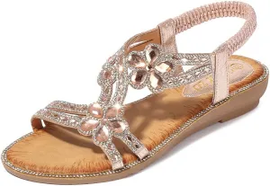 ICEGIA Women's Flat Sandals Summer Beach Sandal T-Strap Rhinestone Beaded Bohemia Shoes