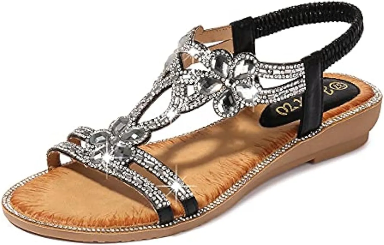 ICEGIA Women's Flat Sandals Summer Beach Sandal T-Strap Rhinestone Beaded Bohemia Shoes