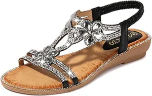 ICEGIA Women's Flat Sandals Summer Beach Sandal T-Strap Rhinestone Beaded Bohemia Shoes