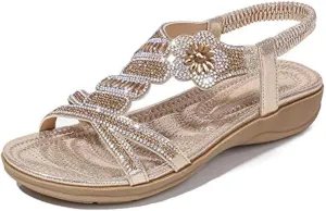 ICEGIA Women's Flat Sandals Summer Beach Sandal T-Strap Rhinestone Beaded Bohemia Shoes