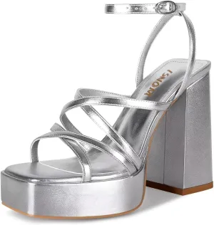 ISNOM Platform Chunky Heels for Women, Block Heel Sandals with Open Square Toe and Ankle Strap