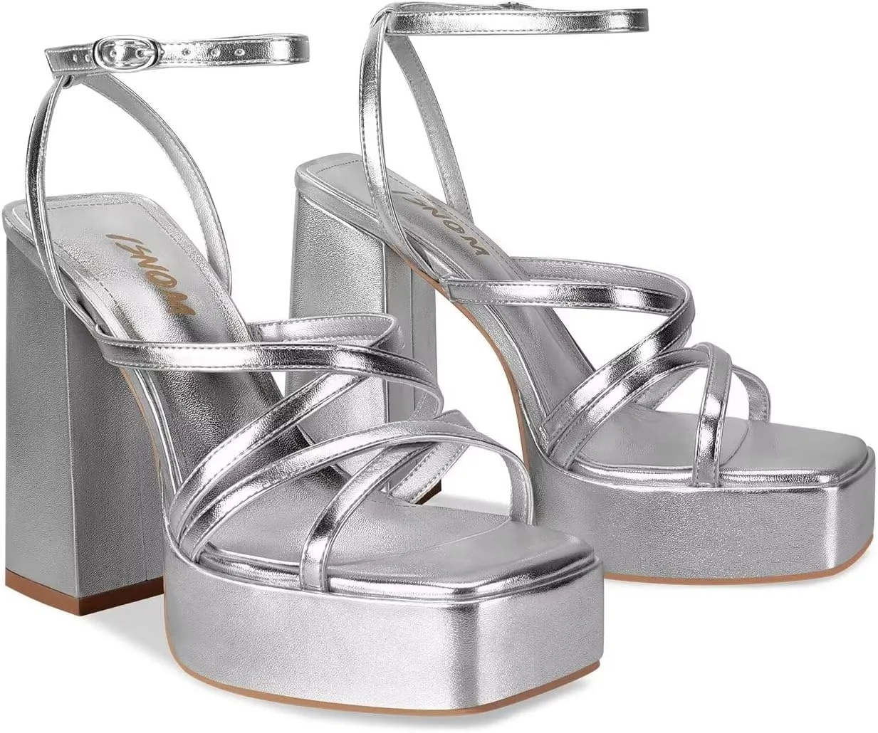ISNOM Platform Chunky Heels for Women, Block Heel Sandals with Open Square Toe and Ankle Strap