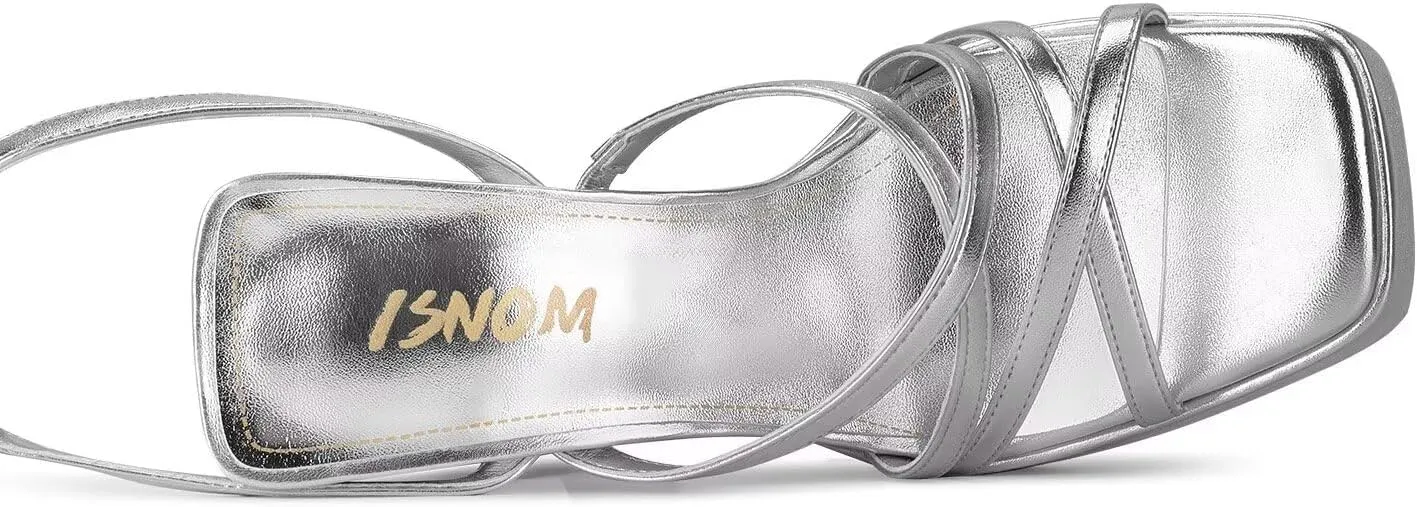 ISNOM Platform Chunky Heels for Women, Block Heel Sandals with Open Square Toe and Ankle Strap